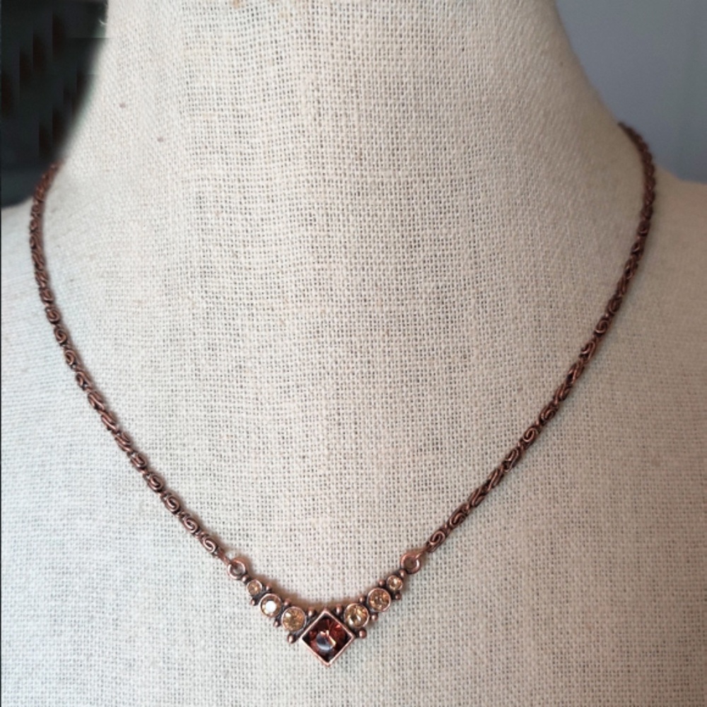 VTG 1928 Necklace Copper Color Chevron Bar Crystal